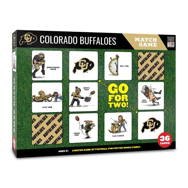 Colorado Buffaloes football-themed memory match game box with cartoon illustrations and CU Buffaloes logo